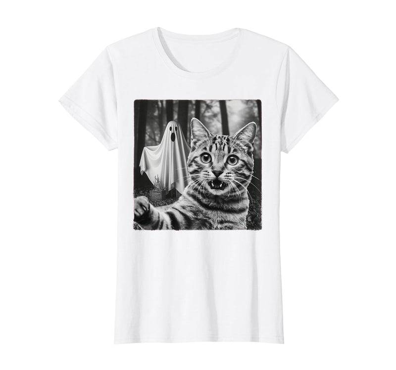 Halloween Cat Selfie with Spooky Ghost t -shir t Halloween Cat Selfie with Spooky Ghost T-Shirt - White