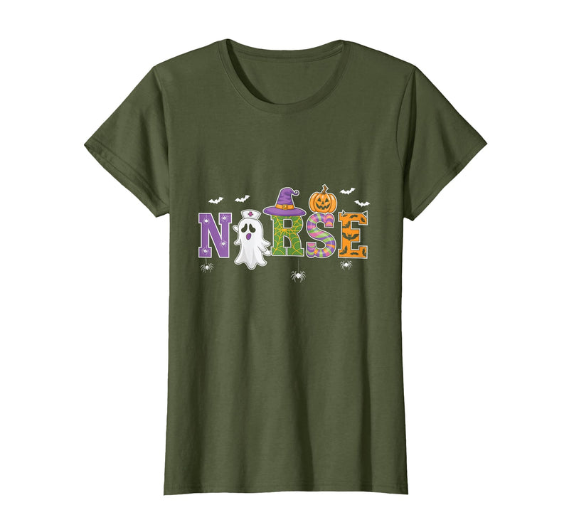 Halloween Nurse Costume Scrub Top Ghost Pumpkin Nurse Halloween Ghost Pumpkin Costume Nurse Halloween T-Shirt - Olive Green