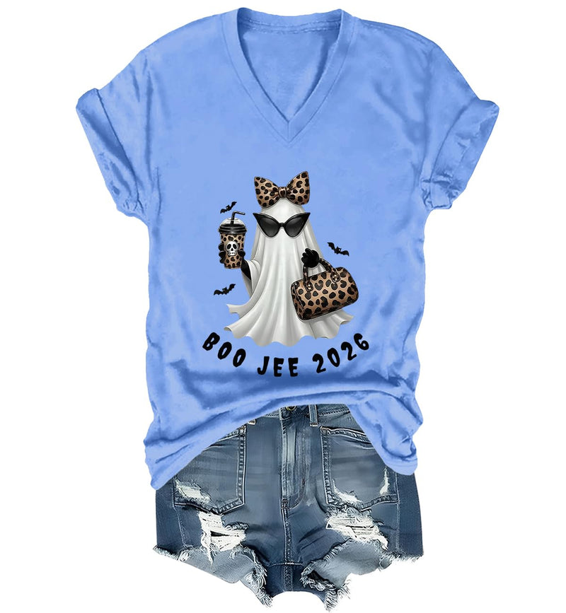 WQFQW Boo JEE 2026 Ghost Funny Halloween Leopard Print Ghost Shirt for Women - Sky Blue-vneck