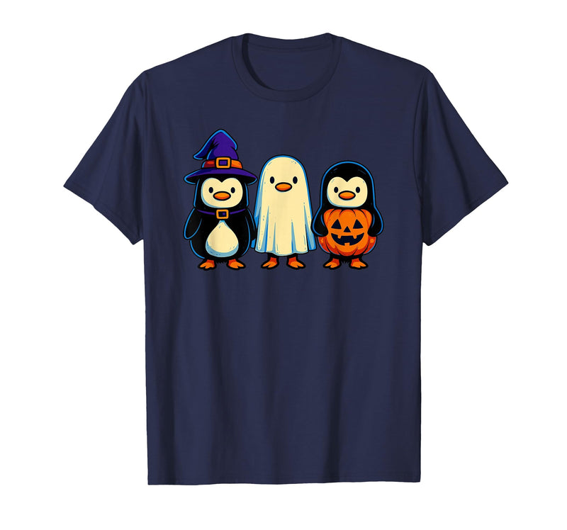 Nerrrdy Penguin Witch Ghost Pumpkin Men Women Kids Funny Halloween T-Shirt - Navy Blue