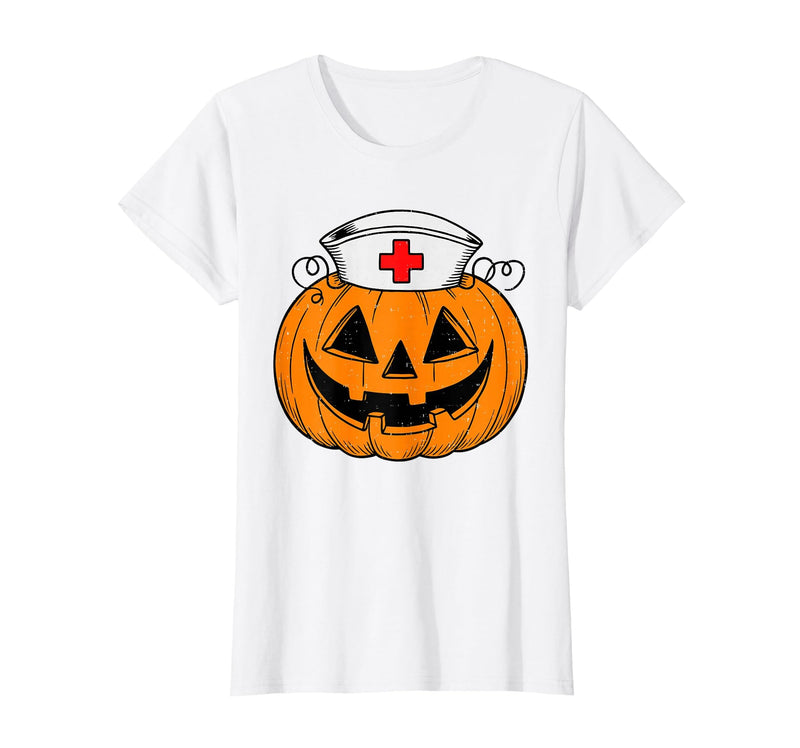 Halloween Tees for Women Men Kids Funny Pumpkin Nurse Scary Halloween Costume RN CNA ICU Women T-Shirt - White