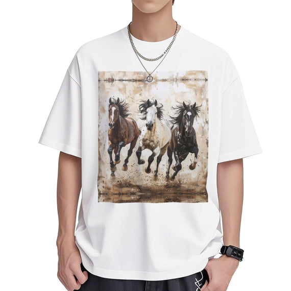 DRTGEDS Horses Running Art Printing Short Sleeve Cotton Lightweight Pullover Summer Casual Sweatshirts - White