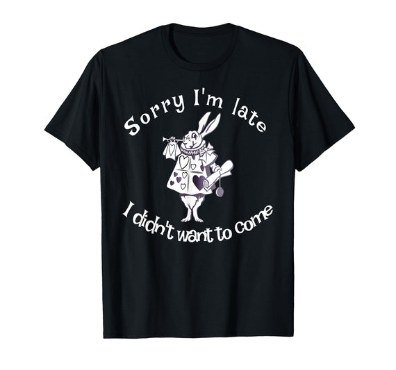 Sorry I'm Late, I Didn't Want to Come White Rabbit Watch T-Shirt in Black