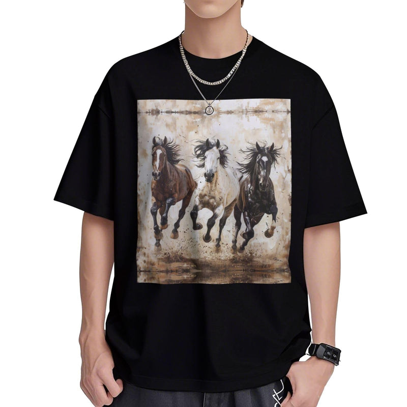 DRTGEDS Horses Running Art Printing Short Sleeve Cotton Lightweight Pullover Summer Casual Sweatshirts - Black