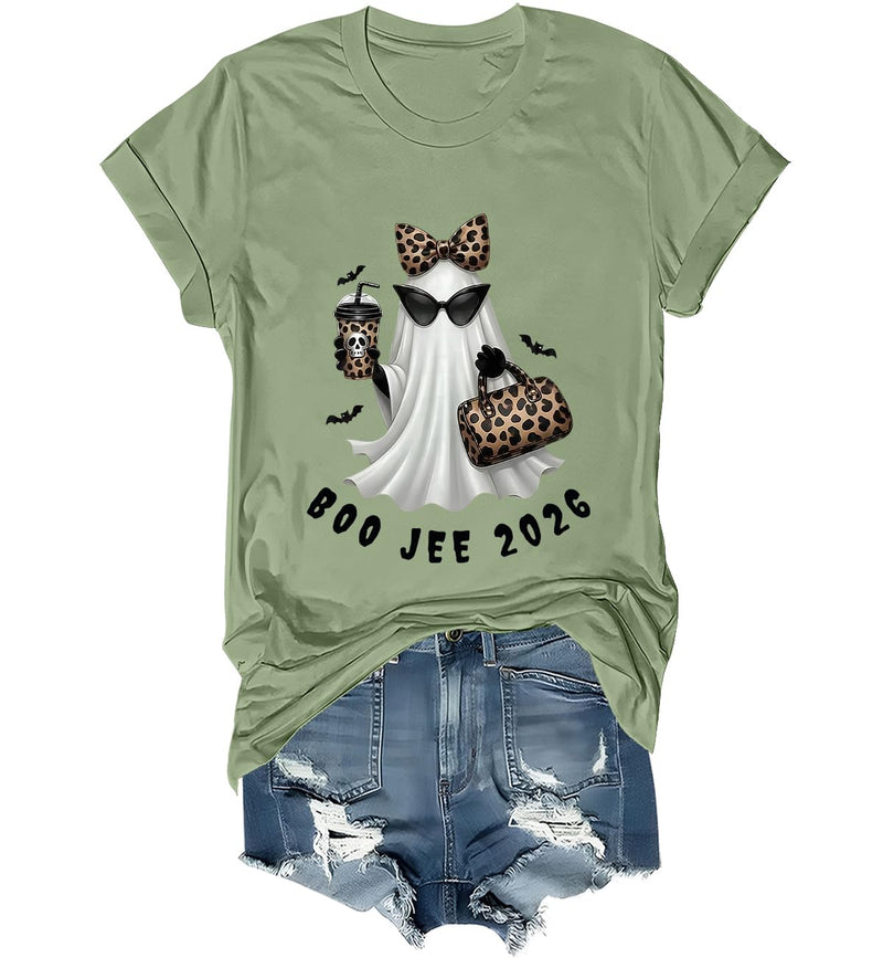 WQFQW Boo JEE 2026 Ghost Funny Halloween Leopard Print Ghost Shirt for Women - Green