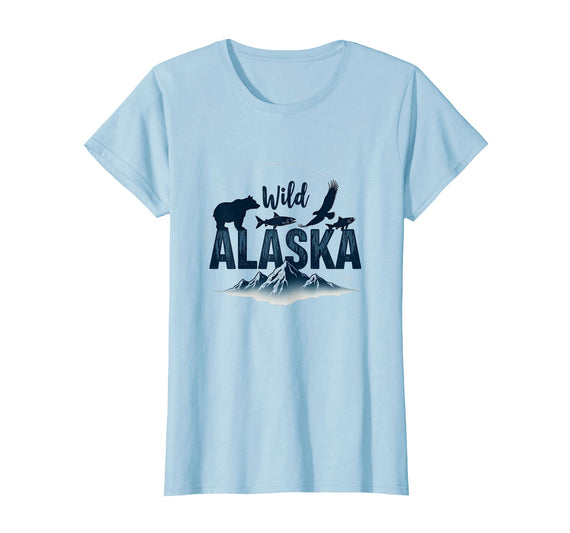 Mademark Wild Alaska Adventure: Bear, Fish, Eagle Mountain Scene T-Shirt - Baby Blue