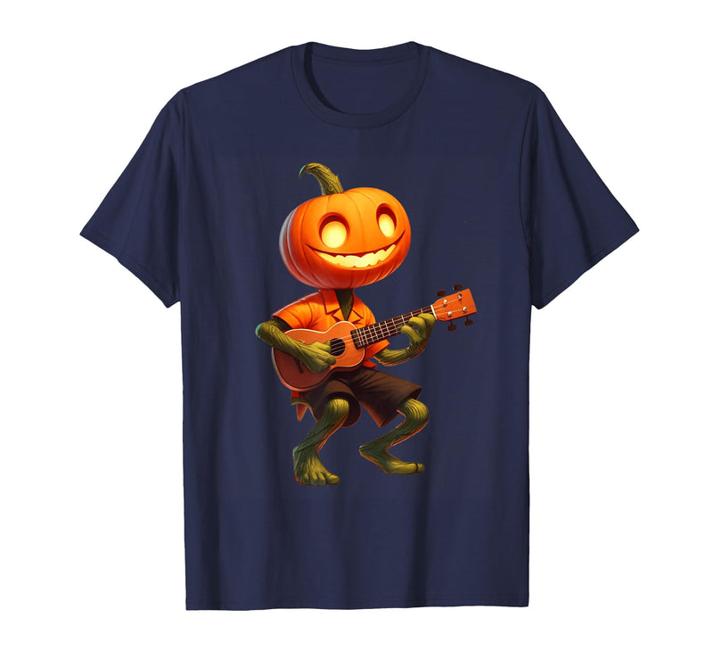 Funny Pumpkin Head Halloween Ukulele Tees Pumpkin Face Playing Ukulele Halloween Costume Men Boys Kids T-Shirt - Navy Blue