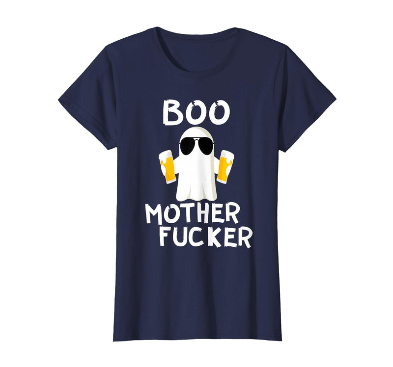 Vulgar Halloween Tee Shop Boo Motherfucker Funny Beer Drinking Ghost Adult Halloween T-Shirt - Navy Blue