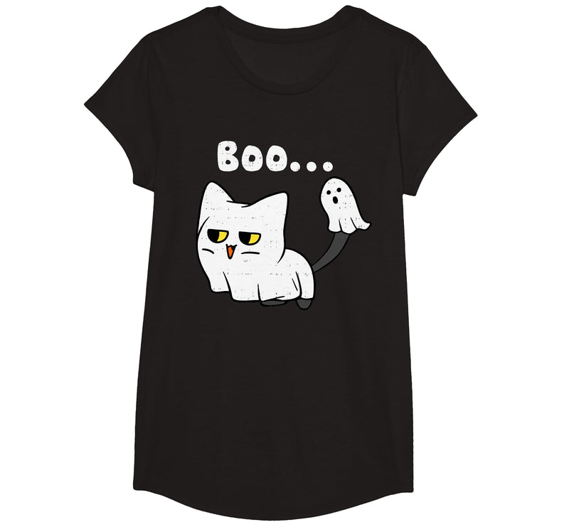 Halloween Tees Women Men Kids Cat Boo Ghost Cute Kitty Spooky Funny Halloween Meow Pet T-Shirt - Black