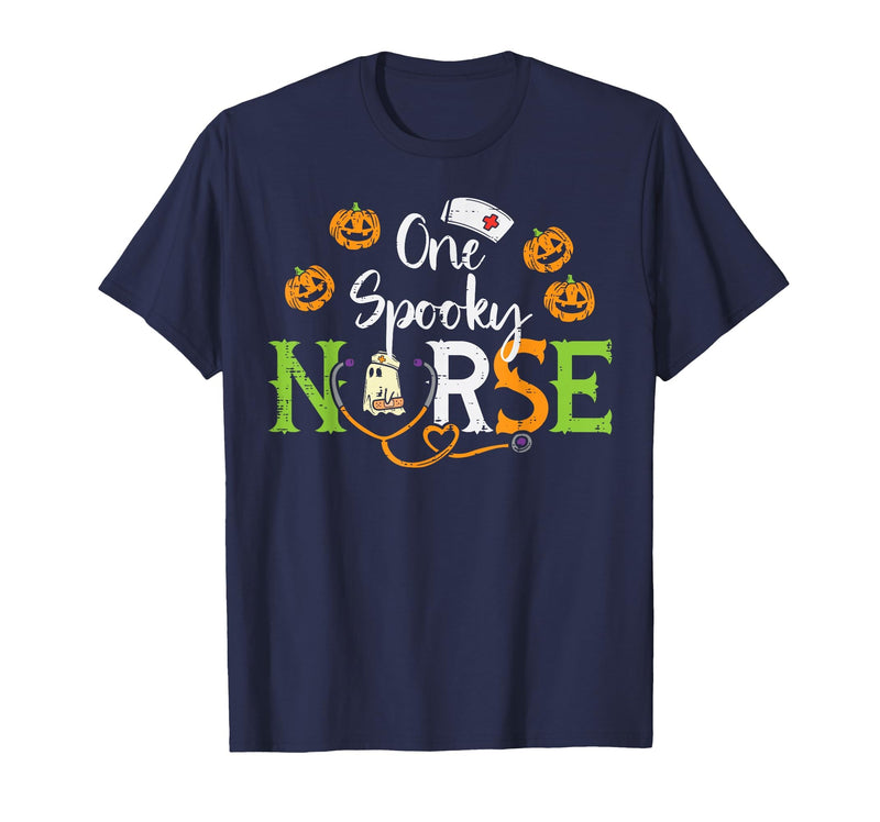 Halloween Nurse Shirts For Women Scrub Costumes One Spooky Nurse Ghost Stethoscope Halloween Costume Nursing T-Shirt - Navy