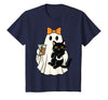halloween iced coffee costume Cat Women Girls Cute Halloween Cat Ghost Drinking Coffee Ghost Women Girls T-Shirt - Navy Blue