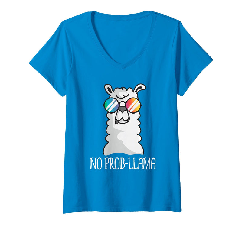 Llama Life Apparel Women's No Prob-Llama No Problem Cute Funny Cool Llama Alpaca V-Neck T-Shirt - Sapphire Blue