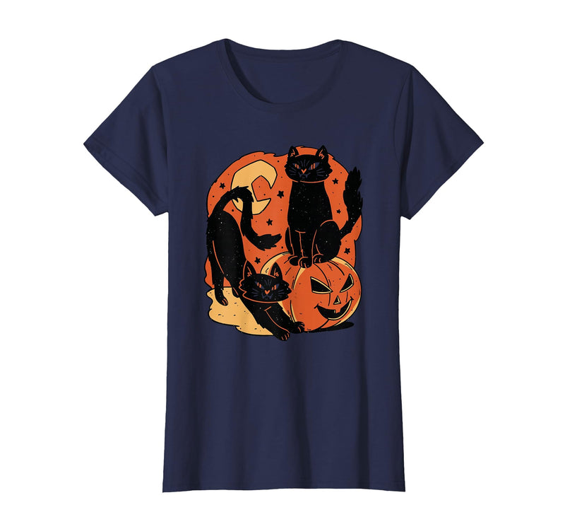 Halloween scary black cat Vintage Scary Halloween Black Cats and Pumpkin T-Shirt - Navy Blue