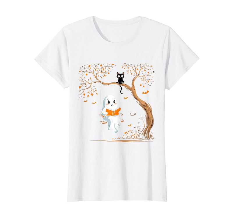 Halloween Ghost Swing Reading Vintage Ghost Swing Reading Book Swinging Halloween Costume T-Shirt - White