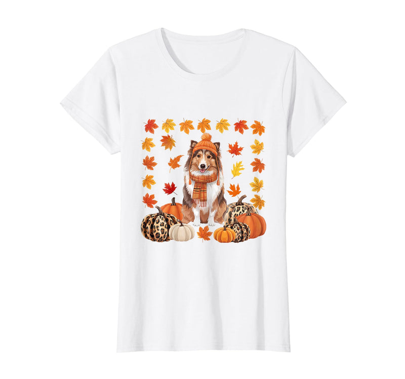 Shetland Sheepdog Sheltie Shop Sheltie Shetland Sheepdog Pumpkins Fall Leaves Halloween T-Shirt - White