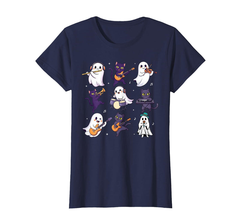 Halloween Music Teacher Ghost Music Lover Cute Ghost Cat Playing Musical Halloween Music Teacher T-Shirt - Navy Blue