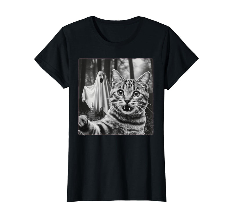 Halloween Cat Selfie with Spooky Ghost t -shir t Halloween Cat Selfie with Spooky Ghost T-Shirt - Black