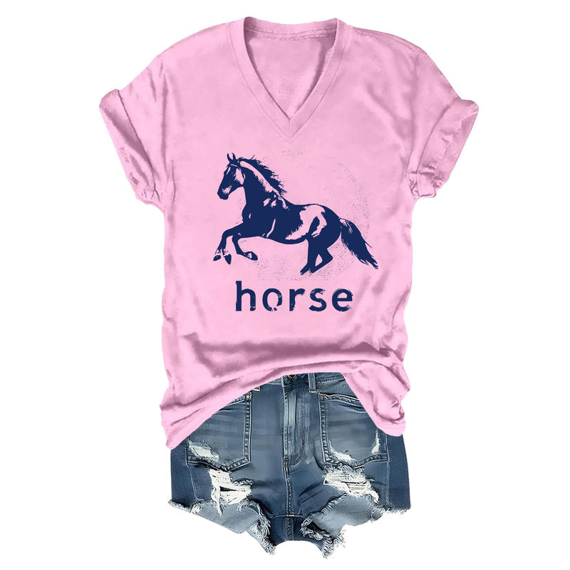 Pukcoun Horse Shirt Horse Lover V-Neck Shirt Retro Graphics T-Shirt Unisex - Pink1
