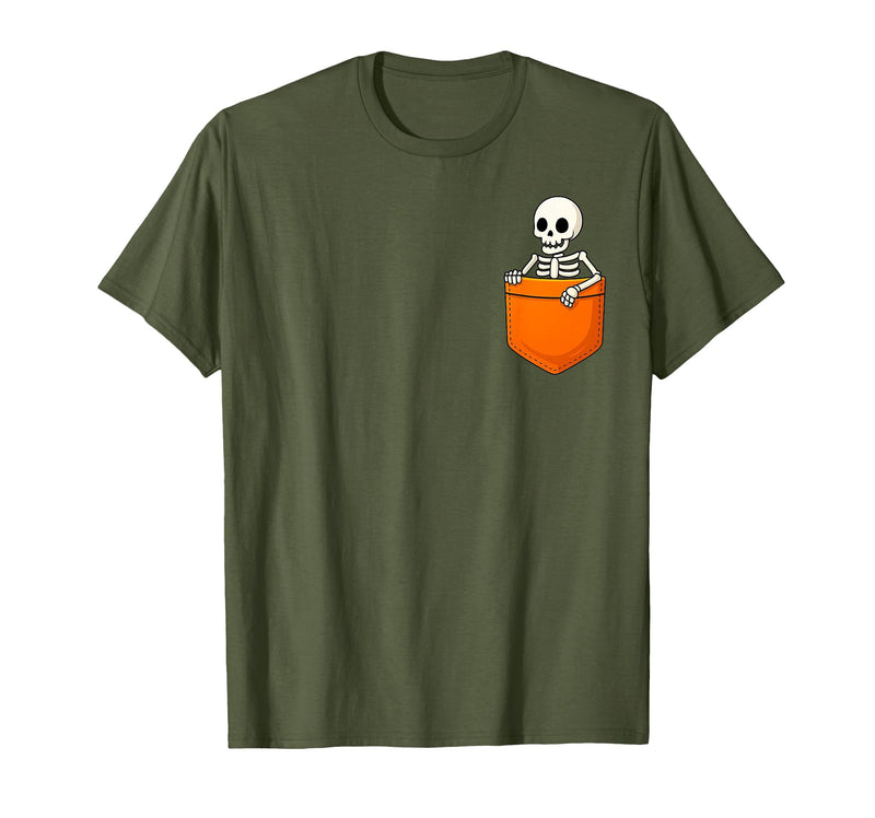 Halloween Spooky Funny Design Skeleton in Pocket Halloween Spooky Funny Skull Costume T-Shirt - Olive Green