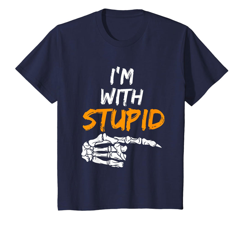 I'm With Stupid Shirts I'm with Stupid Skeleton Hand Pointing Right Funny Halloween T-Shirt - Navy Blue