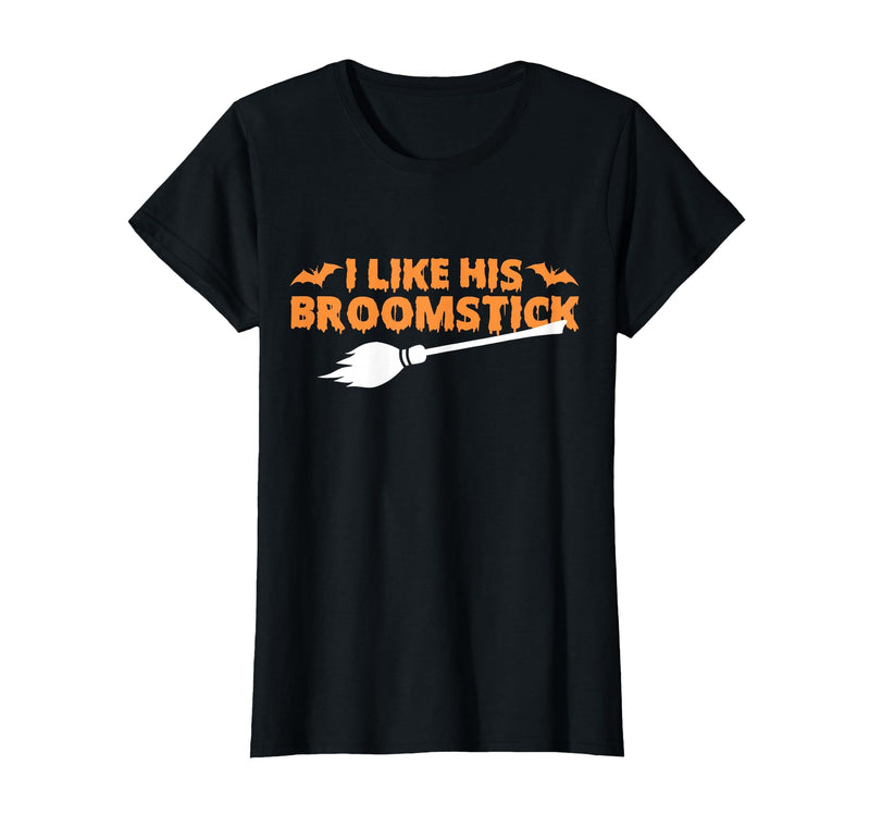 Funny Groovy Halloween Outfit I Like His Broomstick Halloween Funny Matching Couples T-Shirt - Black