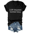 Nusyouc Life Happens Horses Help Equestrian T-Shirt Vintage Horse Lover T Shirt Tops - Black-vneck