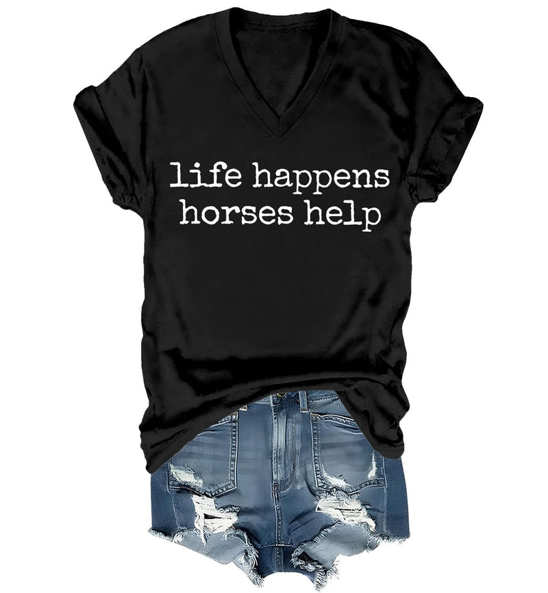 Nusyouc Life Happens Horses Help Equestrian T-Shirt Vintage Horse Lover T Shirt Tops - Black-vneck