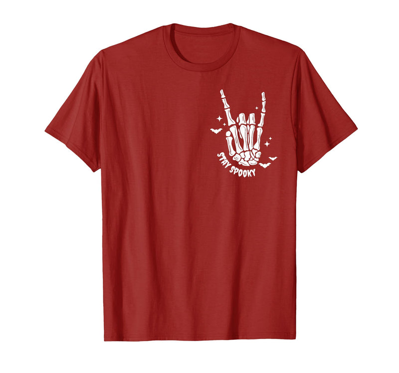 Funny Skeleton Halloween Vintage Stay Spooky Hand Skeleton Happy Halloween Pocket T-Shirt - Cranberry Red