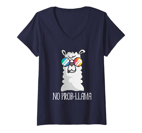 Llama Life Apparel Women's No Prob-Llama No Problem Cute Funny Cool Llama Alpaca V-Neck T-Shirt - Navy Blue