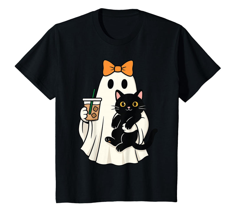 halloween iced coffee costume Cat Women Girls Cute Halloween Cat Ghost Drinking Coffee Ghost Women Girls T-Shirt - Black