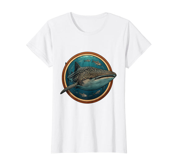 Mademark Whale Shark and Remora Fish Circle Illustration T-Shirt - White