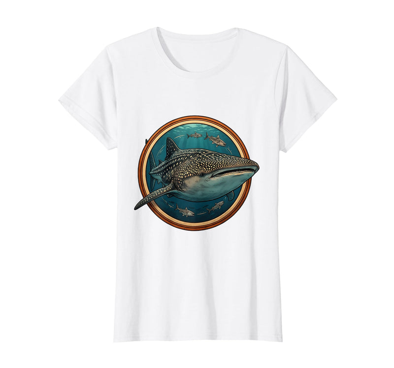 Mademark Whale Shark and Remora Fish Circle Illustration T-Shirt - White