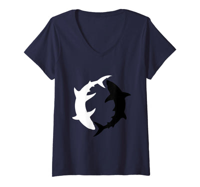 Women's Yin Yang Sharks Ocean Balance Graphic V-Neck T-Shirt