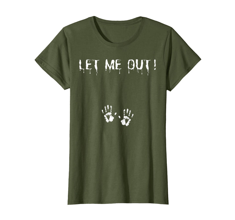 Spooky Halloween Costume Outfit Vintage Let Me Out Pregnancy Hand Print Pregnant Halloween T-Shirt - Olive Green