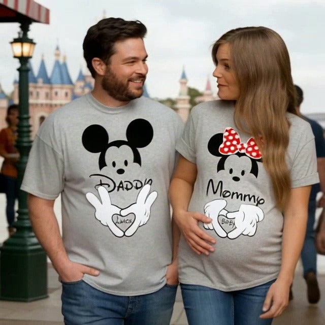 AMAZING RETRO Mickey Minnie Couple Shirts Dad Mom Couple Matching Pregnancy Announcement T-Shirt-(Sold Separately) - size