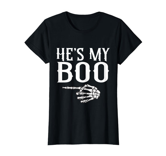 Skeleton Couple Halloween Costume Cute Couples He's My Boo Skeleton Matching Couple Halloween T-Shirt - Black
