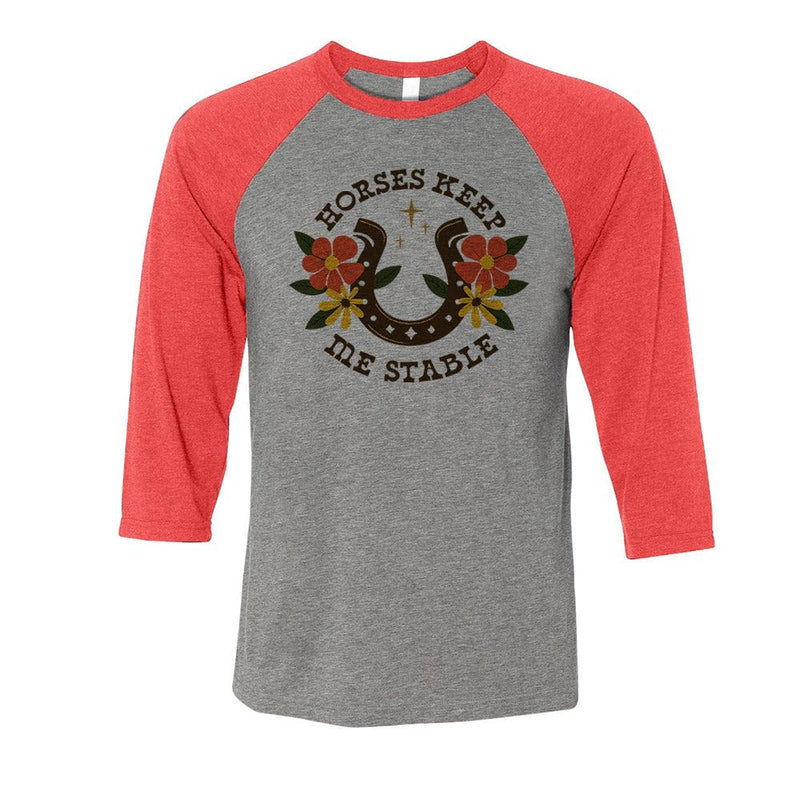 TeesAndTankYou Horses Keep Me Stable Three-Quarter Raglan Sleeve Baseball Shirt Unisex - Grey/Red