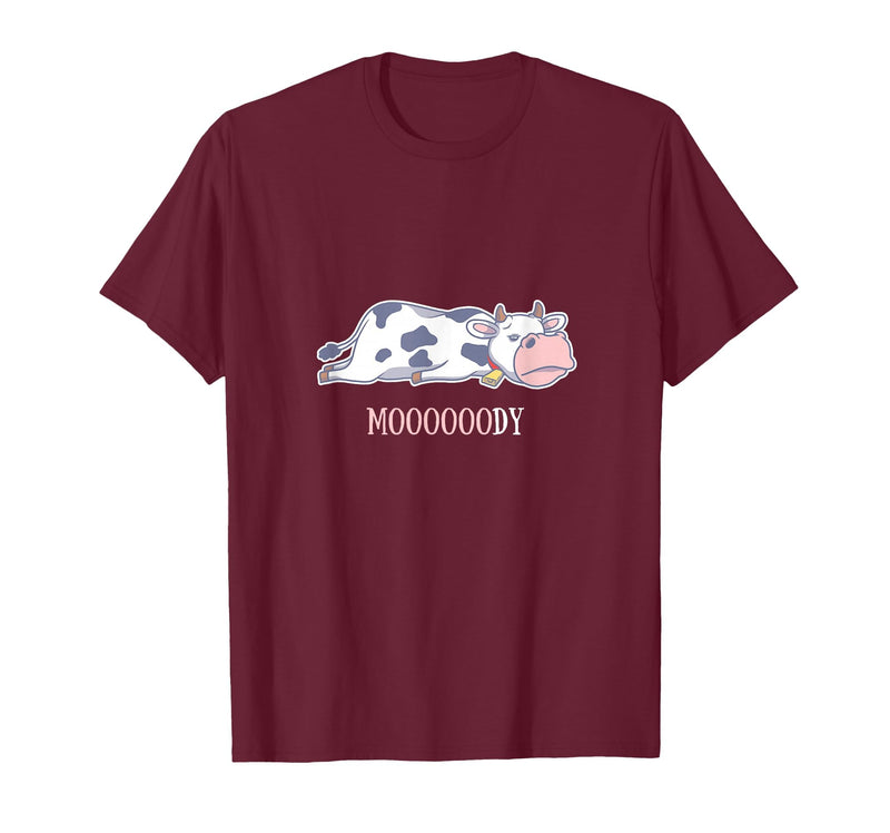 Bad Mood Sleeping Cow Tee Moooody Cow Beef Milk Farm Animals T-Shirt - Burgundy
