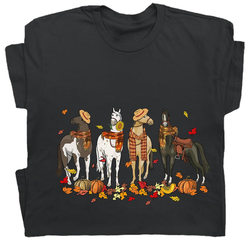 Niaday Fall Horse Shirt Men Women Graphic Short Sleeve T-Shirt Tee, Fall Season Horses Horse Lover Shirt - Black