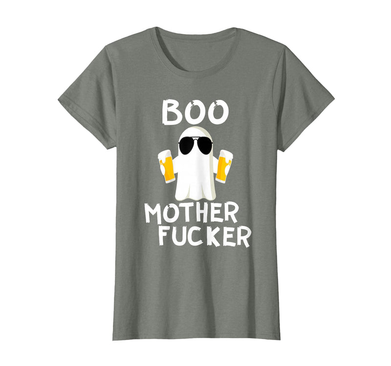 Vulgar Halloween Tee Shop Boo Motherfucker Funny Beer Drinking Ghost Adult Halloween T-Shirt - Olive Heather
