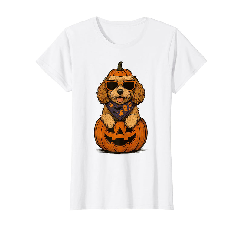 Funny Retro Maltipoo mom Halloween Spooky Cavapoo Pumpkin Halloween Doodle Dog Lover T-Shirt - White