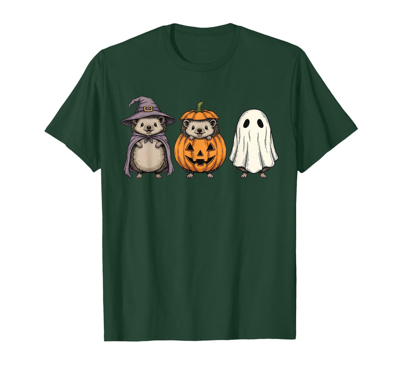 Funny Retro Hedgehog Halloween Witch Spooky Ghost Hedgehog Lover Pumpkin Halloween T-Shirt - Dark Green