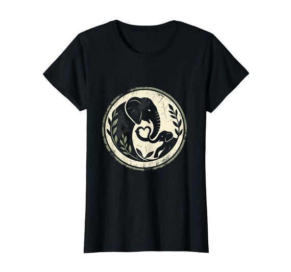 Mademark Elephant Mom and Baby Trunk Touch Illustration T-Shirt - Women - Black