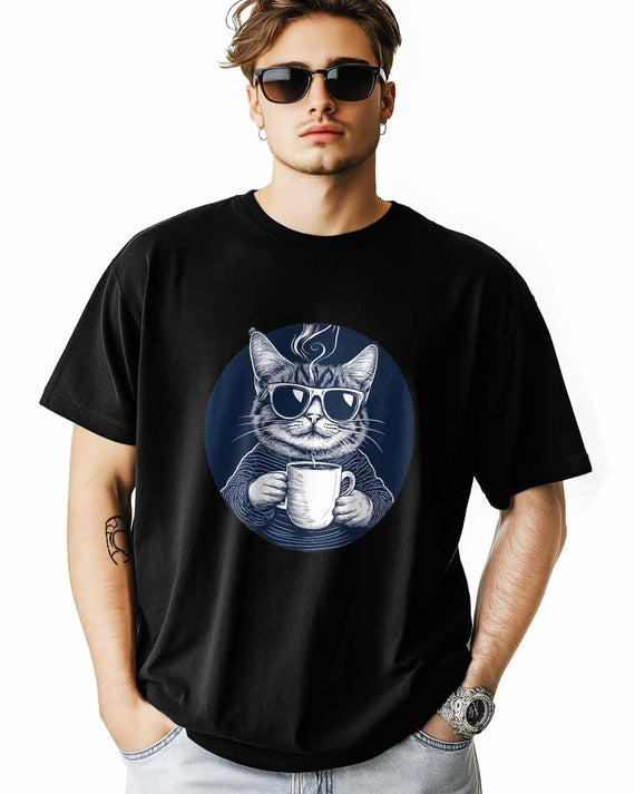NITBANLA T-Shirts for Men, Cat Coffee Crew Neck Cotton T-Shirt Men's Short Sleeve,Black-XL - As Pictured