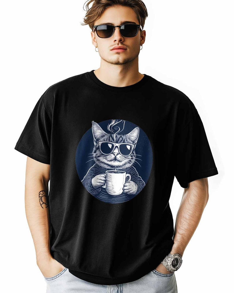 NITBANLA T-Shirts for Men, Cat Coffee Crew Neck Cotton T-Shirt Men's Short Sleeve,Black-XL - As Pictured