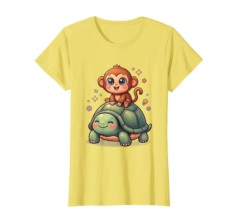 Mademark Small Monkey Riding Giant Tortoise Funny Animal Art T-Shirt - Women - Lemon Yellow