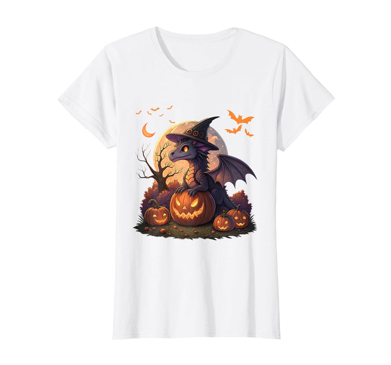 Halloween Dragons Fantasy Spooky Witchy Cute Halloween Dragon Witch Hat Pumpkin Moon Fantasy T-Shirt - White