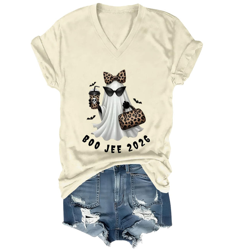 WQFQW Boo JEE 2026 Ghost Funny Halloween Leopard Print Ghost Shirt for Women - Creamy Yellow-vneck