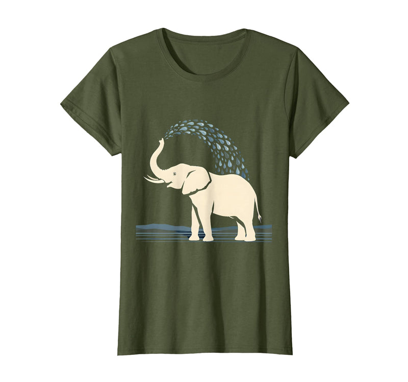 Mademark Elephant Spraying Water Raised Trunk Illustration T-Shirt - Women - Olive Green