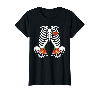 Funny Halloween Gym Workout Casual Gothic Gift Tee Pregnancy Announcement Skeleton Halloween Baby Pumpkin Twins T-Shirt